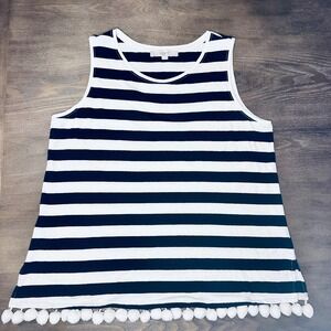 LOFT Women's Tank Top Size L Striped Sleeveless Pom‎ Pom Trim Casual
